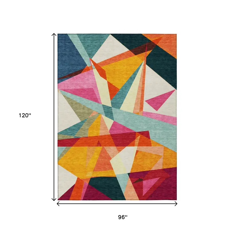 8' X 10' Ivory Orange Yellow Teal Blue And Burgundy Geometric Washable Indoor Outdoor Area Rug