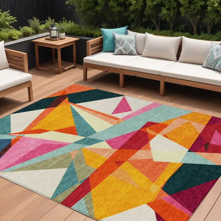 8' X 10' Ivory Orange Yellow Teal Blue And Burgundy Geometric Washable Indoor Outdoor Area Rug