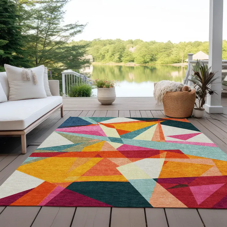 8' X 10' Ivory Orange Yellow Teal Blue And Burgundy Geometric Washable Indoor Outdoor Area Rug