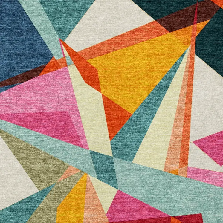 8' X 10' Ivory Orange Yellow Teal Blue And Burgundy Geometric Washable Indoor Outdoor Area Rug