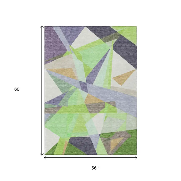 3' X 5' Lavender Lime Green And Beige Geometric Washable Indoor Outdoor Area Rug