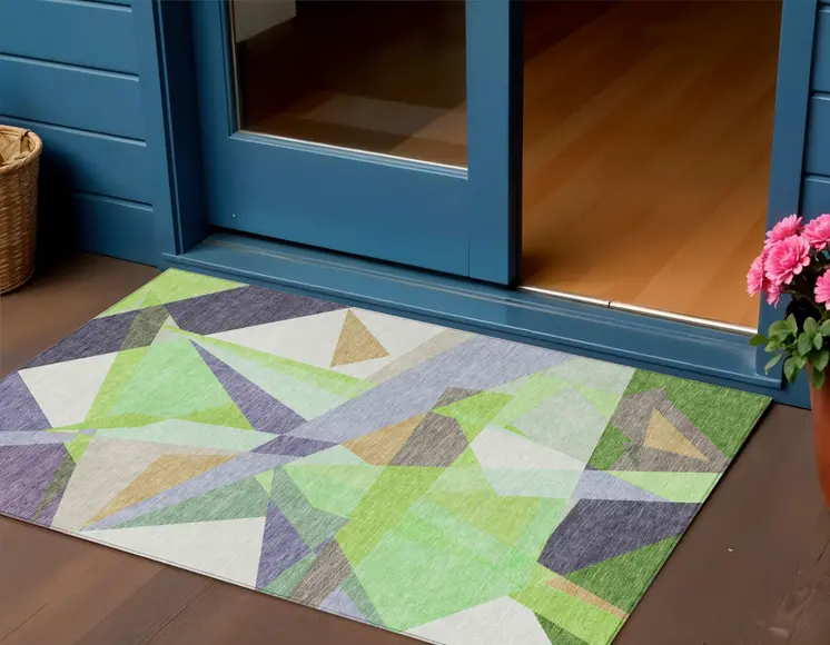 3' X 5' Lavender Lime Green And Beige Geometric Washable Indoor Outdoor Area Rug