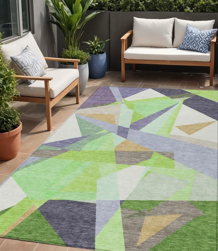 5' X 8' Lavender Lime Green And Beige Geometric Washable Indoor Outdoor Area Rug
