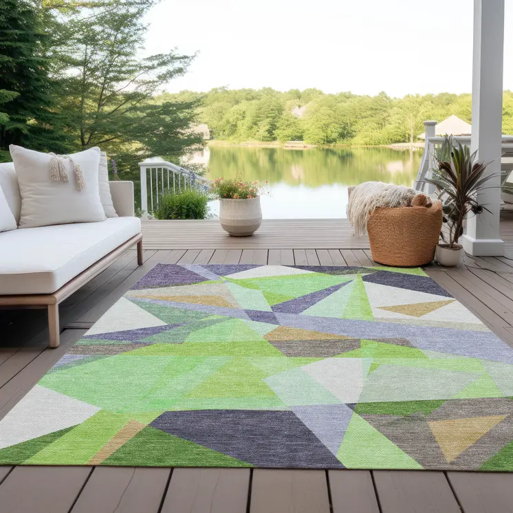 5' X 8' Lavender Lime Green And Beige Geometric Washable Indoor Outdoor Area Rug