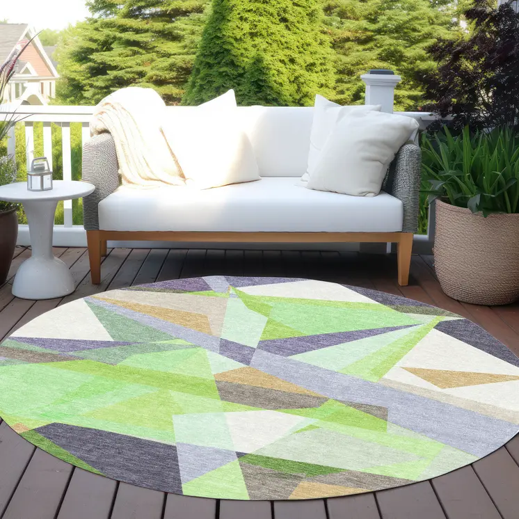 8' Lavender Lime Green And Beige Round Geometric Washable Indoor Outdoor Area Rug