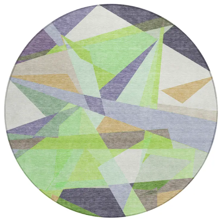 8' Lavender Lime Green And Beige Round Geometric Washable Indoor Outdoor Area Rug