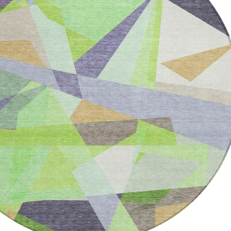8' Lavender Lime Green And Beige Round Geometric Washable Indoor Outdoor Area Rug