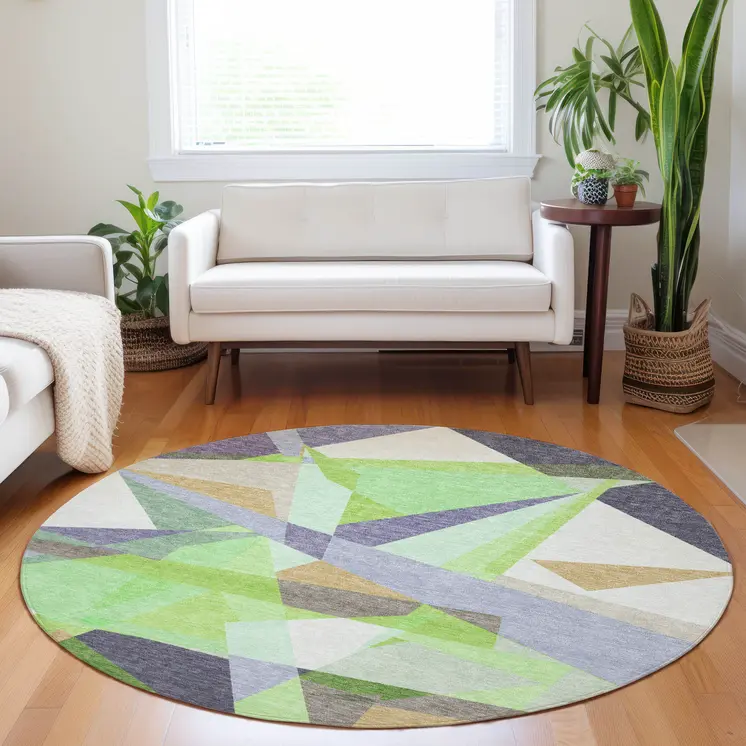 8' Lavender Lime Green And Beige Round Geometric Washable Indoor Outdoor Area Rug