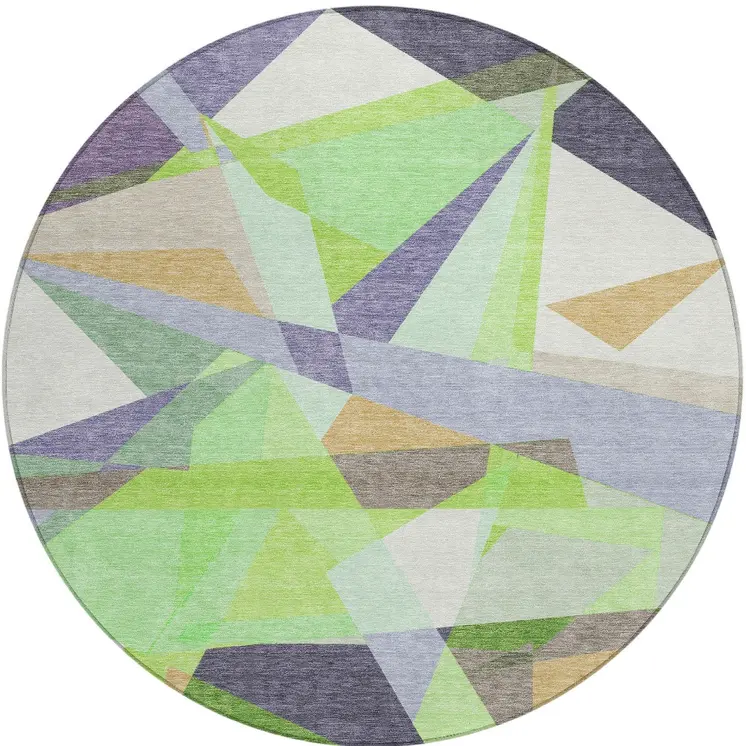8' Lavender Lime Green And Beige Round Geometric Washable Indoor Outdoor Area Rug