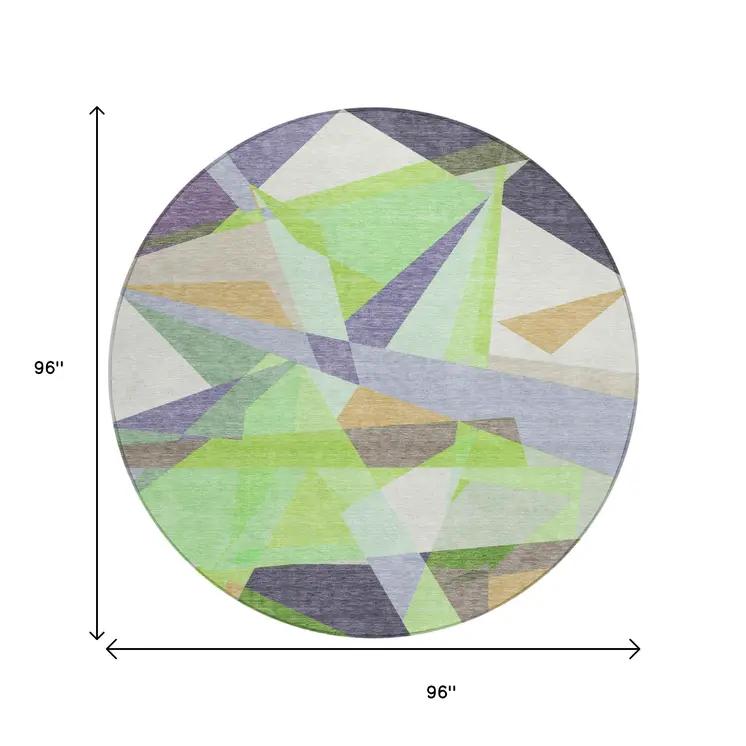 8' Lavender Lime Green And Beige Round Geometric Washable Indoor Outdoor Area Rug