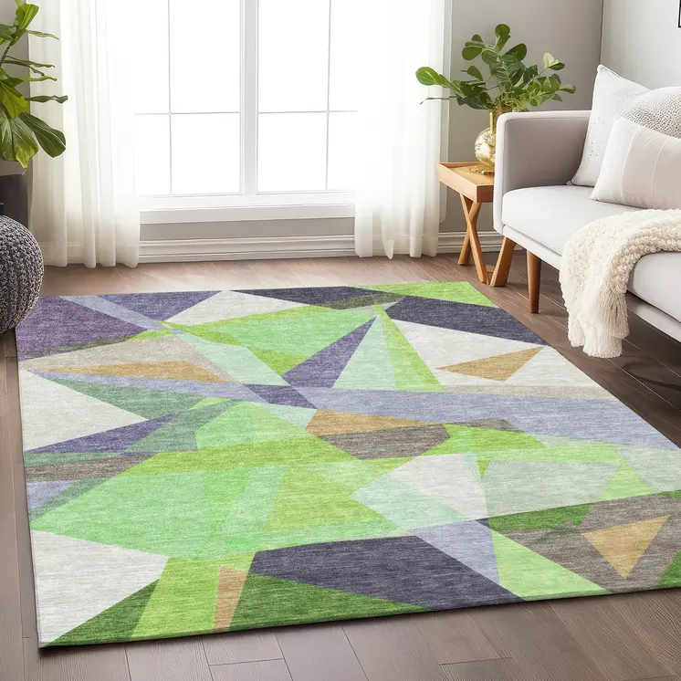 10' X 14' Lavender Lime Green And Beige Geometric Washable Indoor Outdoor Area Rug