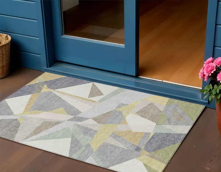 3' X 5' Pewter Ivory And Wheat Geometric Washable Indoor Outdoor Area Rug
