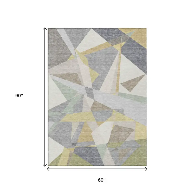 5' X 8' Pewter Ivory And Wheat Geometric Washable Indoor Outdoor Area Rug