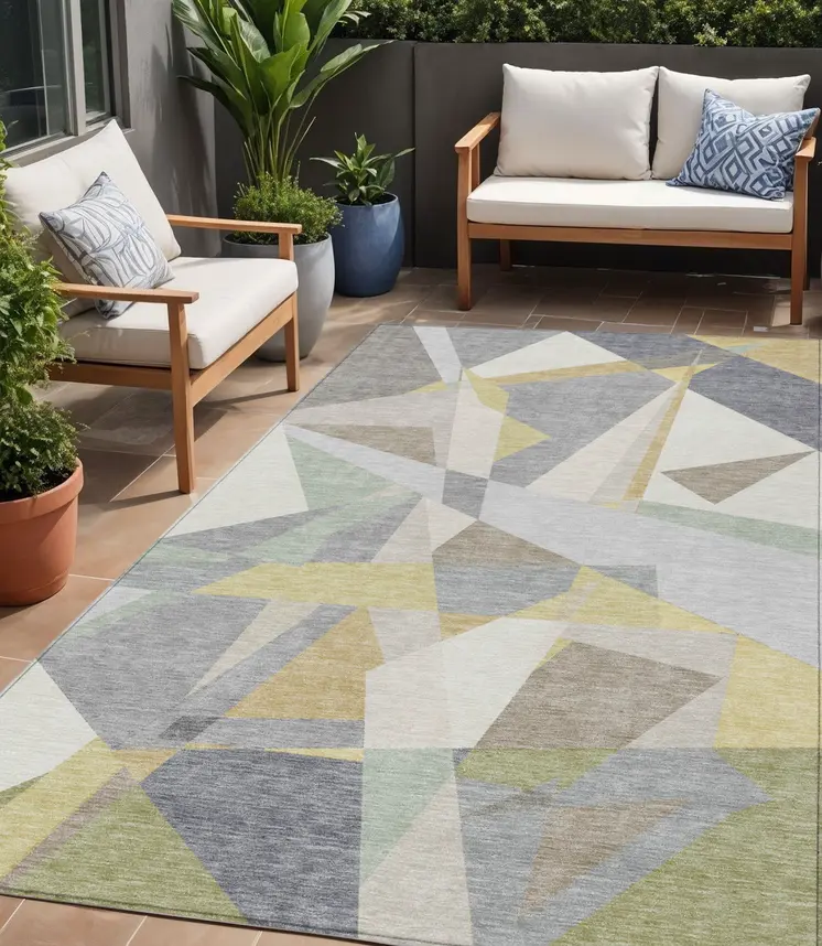 5' X 8' Pewter Ivory And Wheat Geometric Washable Indoor Outdoor Area Rug