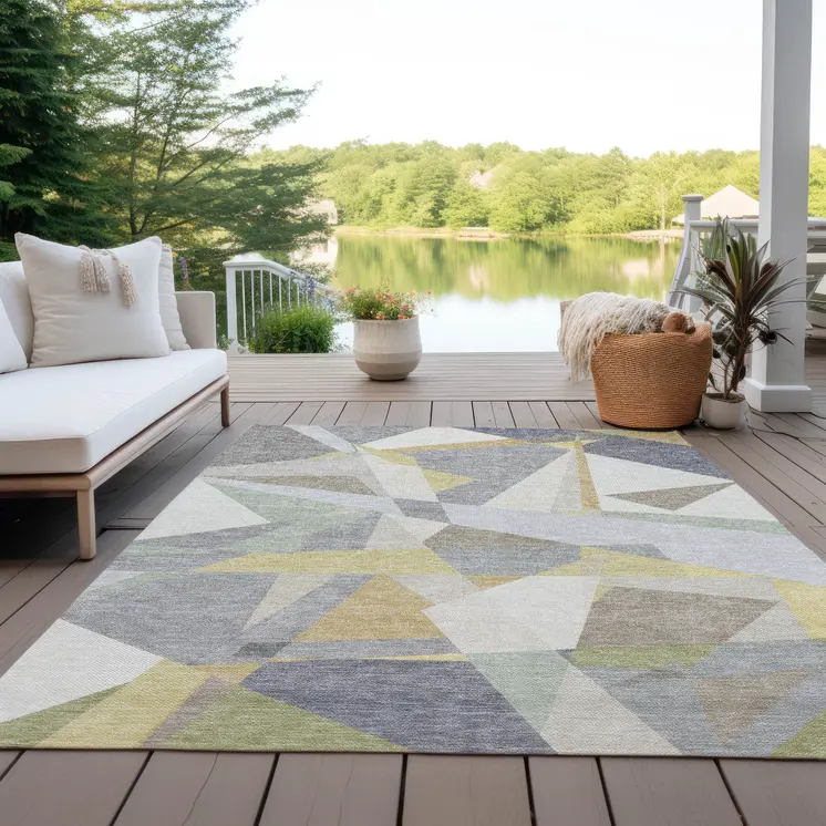 5' X 8' Pewter Ivory And Wheat Geometric Washable Indoor Outdoor Area Rug