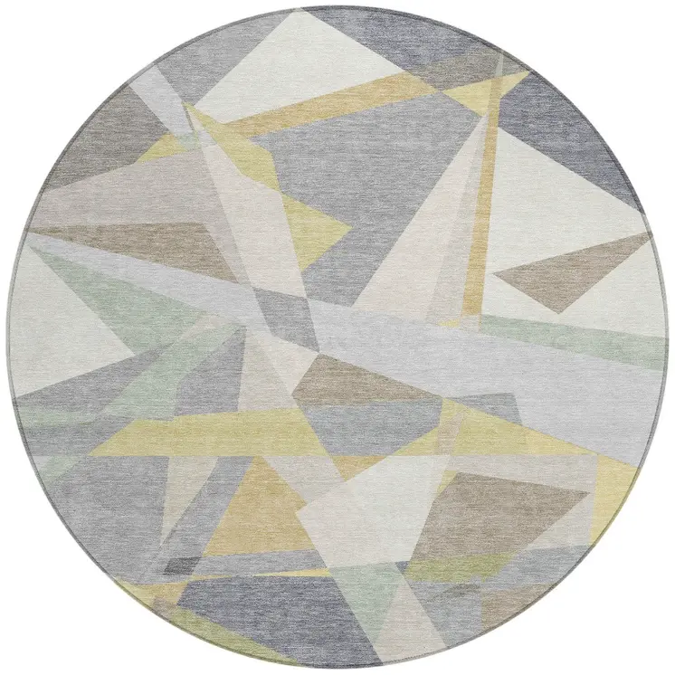 8' Pewter Ivory And Wheat Round Geometric Washable Indoor Outdoor Area Rug