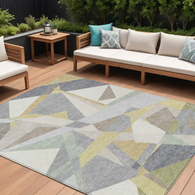 10' X 14' Pewter Ivory And Wheat Geometric Washable Indoor Outdoor Area Rug