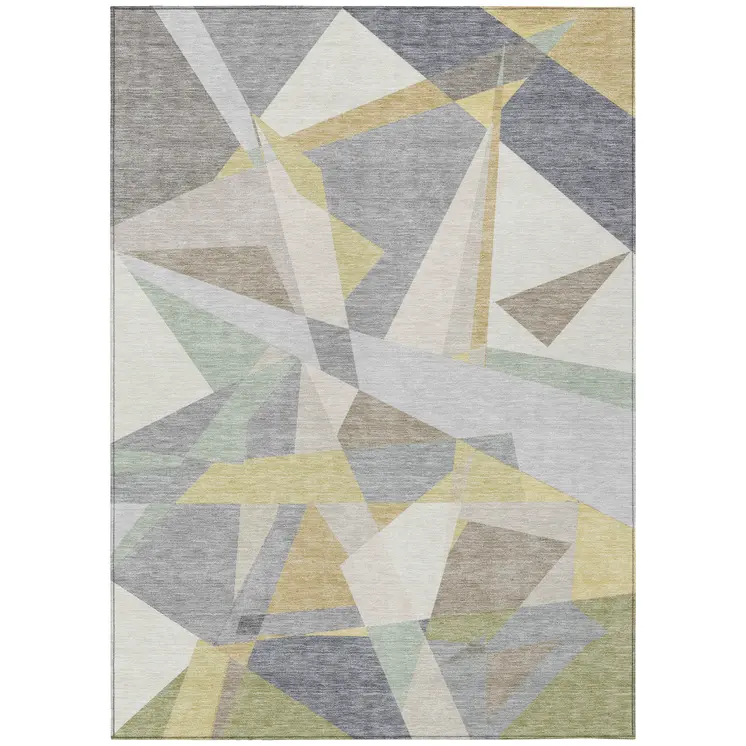 10' X 14' Pewter Ivory And Wheat Geometric Washable Indoor Outdoor Area Rug