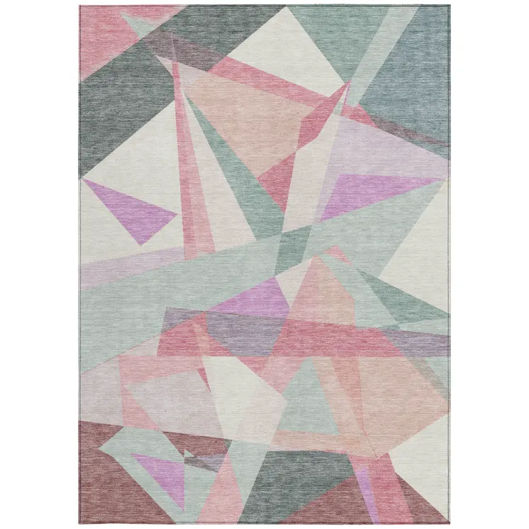 5' X 8' Pale Aqua Blush And Burgundy Geometric Washable Indoor Outdoor Area Rug