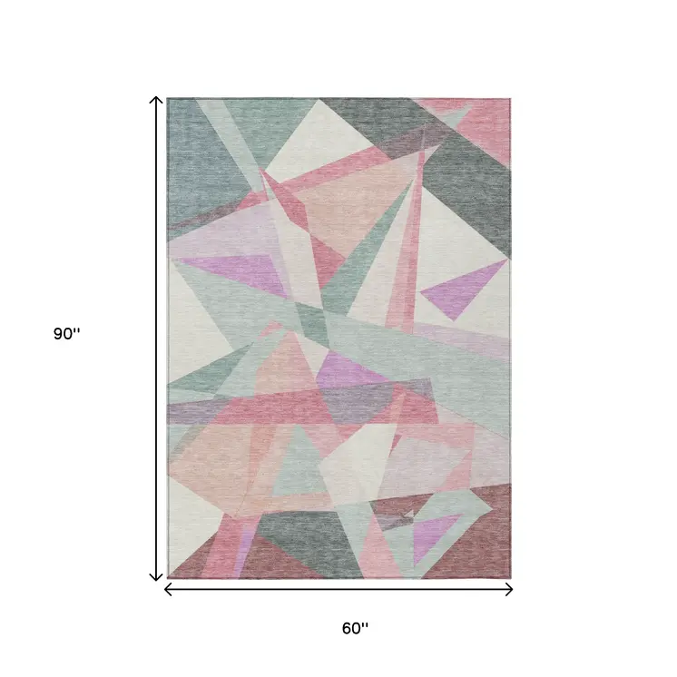 5' X 8' Pale Aqua Blush And Burgundy Geometric Washable Indoor Outdoor Area Rug