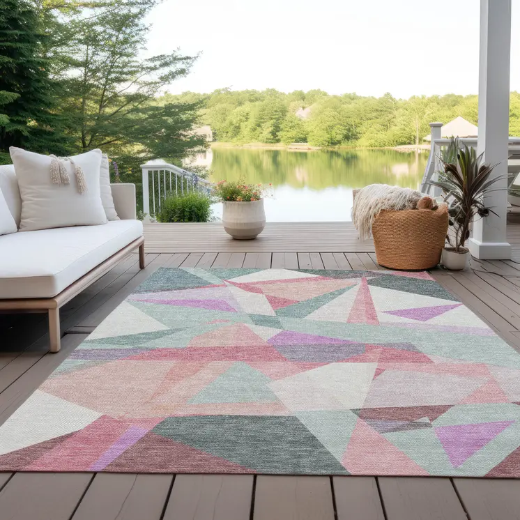 5' X 8' Pale Aqua Blush And Burgundy Geometric Washable Indoor Outdoor Area Rug