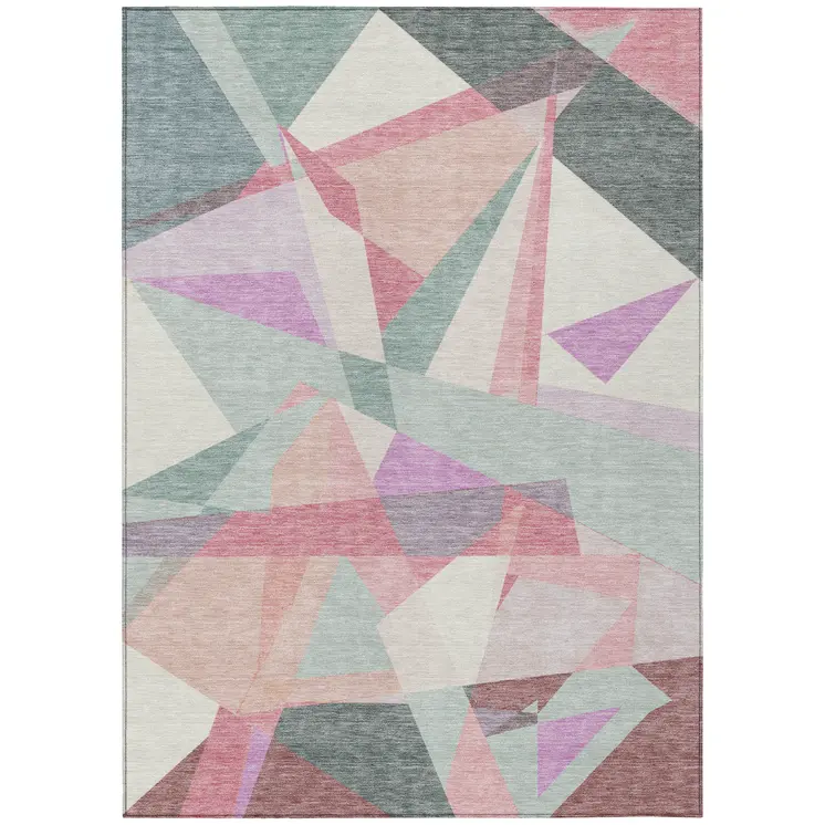 5' X 8' Pale Aqua Blush And Burgundy Geometric Washable Indoor Outdoor Area Rug
