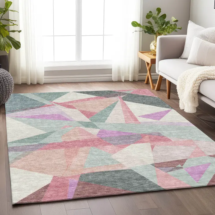 5' X 8' Pale Aqua Blush And Burgundy Geometric Washable Indoor Outdoor Area Rug