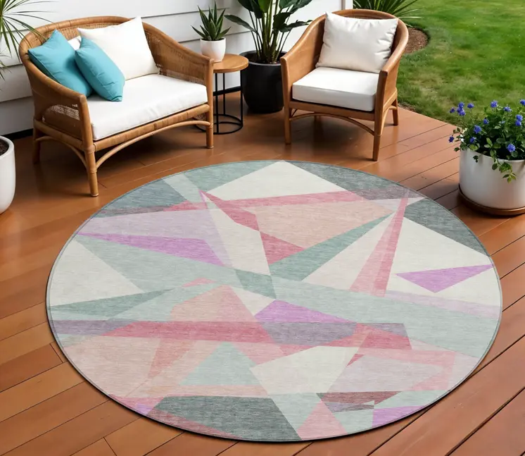 8' Pale Aqua Blush And Burgundy Round Geometric Washable Indoor Outdoor Area Rug