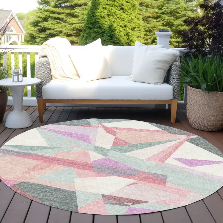 8' Pale Aqua Blush And Burgundy Round Geometric Washable Indoor Outdoor Area Rug