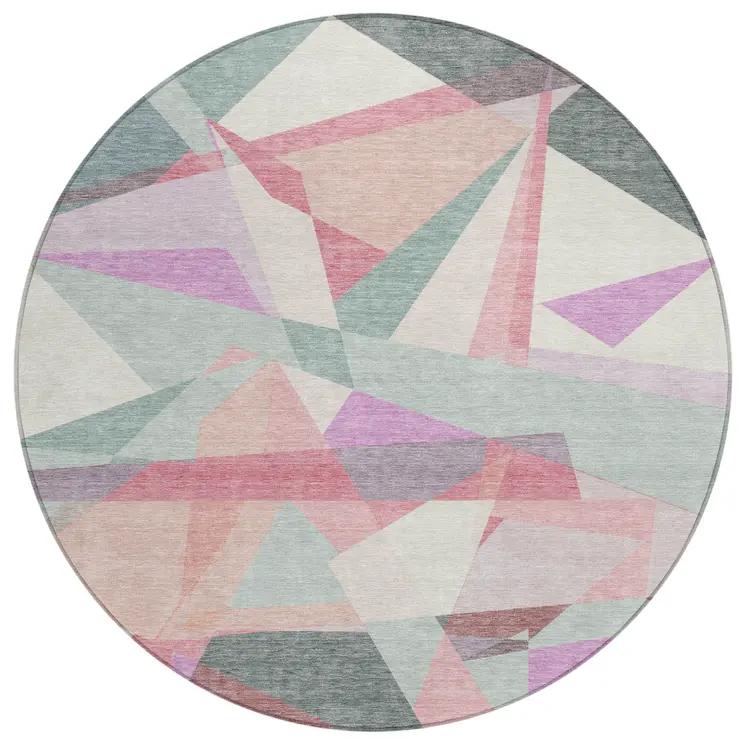 8' Pale Aqua Blush And Burgundy Round Geometric Washable Indoor Outdoor Area Rug
