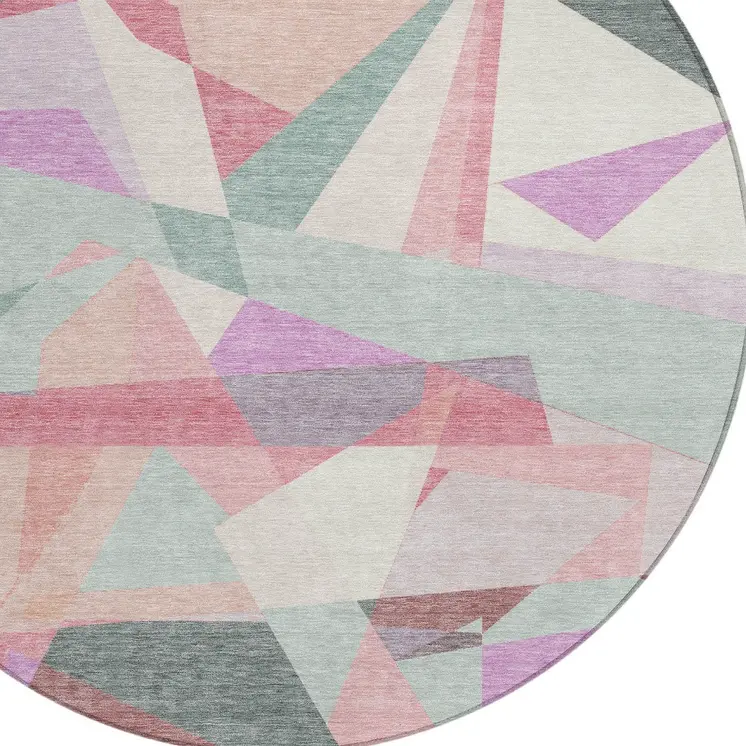 8' Pale Aqua Blush And Burgundy Round Geometric Washable Indoor Outdoor Area Rug