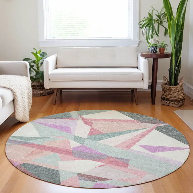 8' Pale Aqua Blush And Burgundy Round Geometric Washable Indoor Outdoor Area Rug