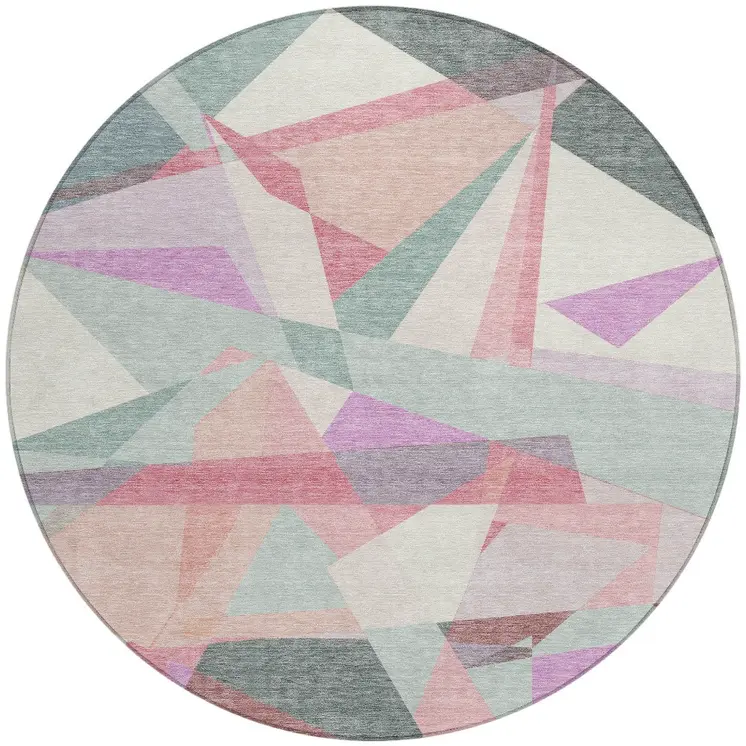 8' Pale Aqua Blush And Burgundy Round Geometric Washable Indoor Outdoor Area Rug