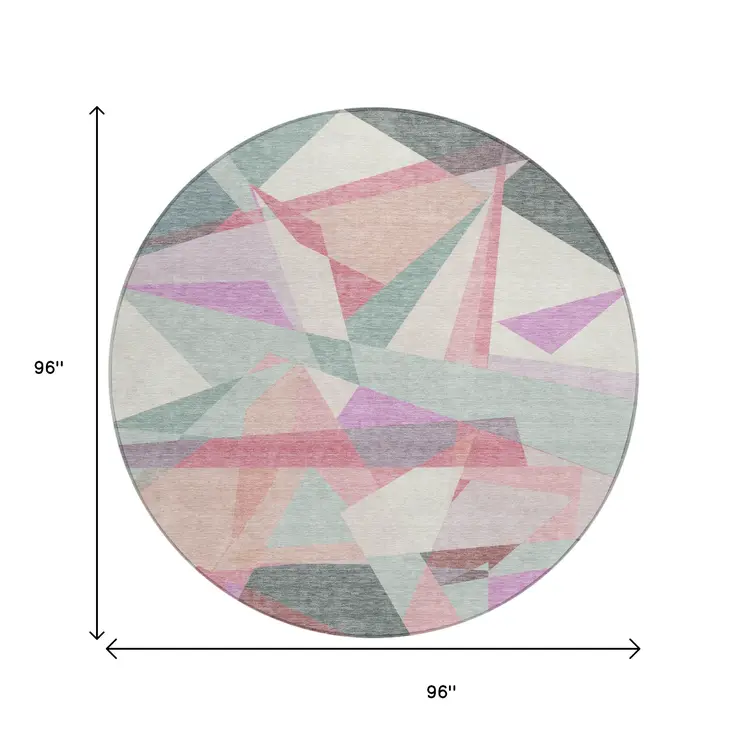 8' Pale Aqua Blush And Burgundy Round Geometric Washable Indoor Outdoor Area Rug