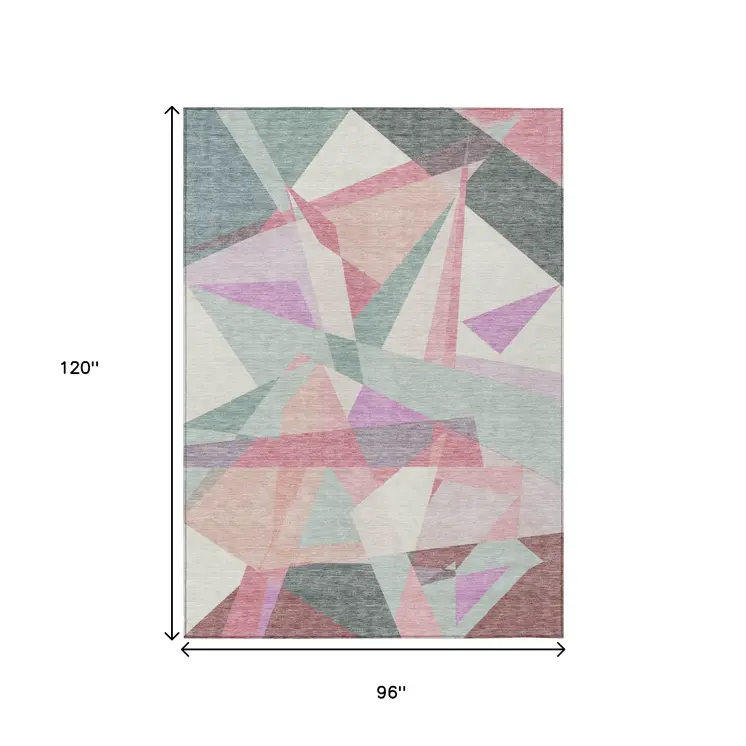 8' X 10' Pale Aqua Blush And Burgundy Geometric Washable Indoor Outdoor Area Rug