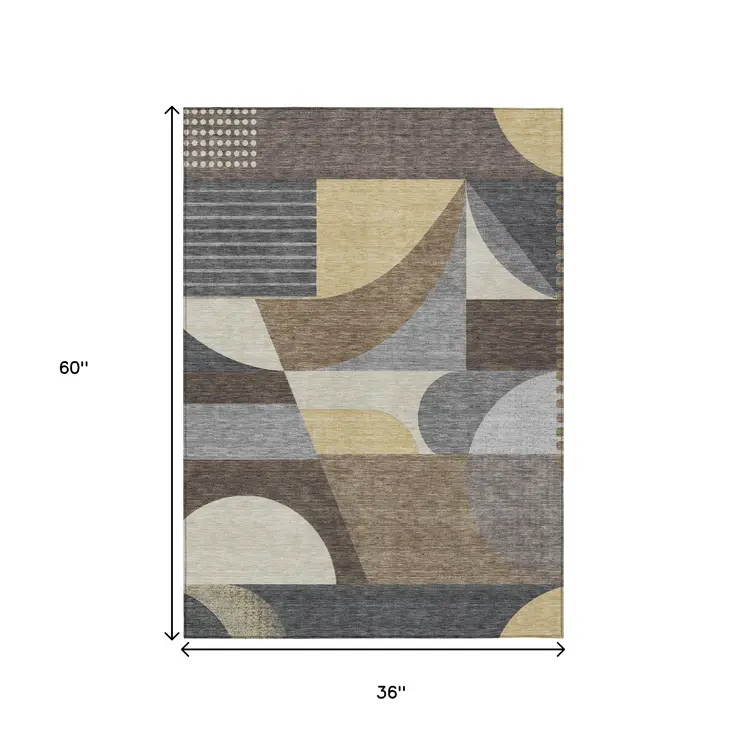 3' X 5' Brown Taupe And Wheat Geometric Washable Indoor Outdoor Area Rug