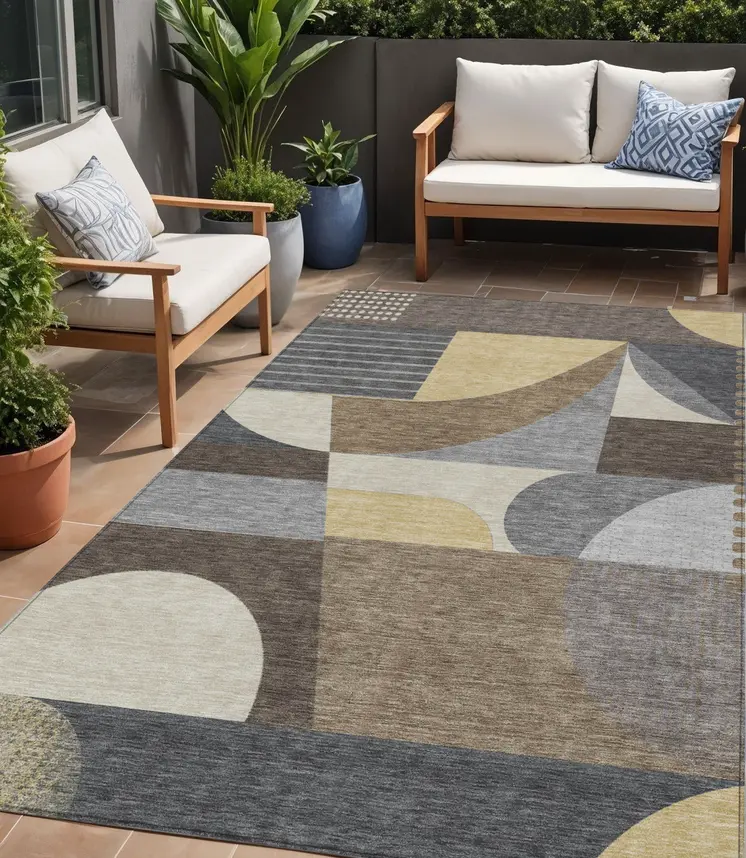 5' X 8' Brown Taupe And Wheat Geometric Washable Indoor Outdoor Area Rug