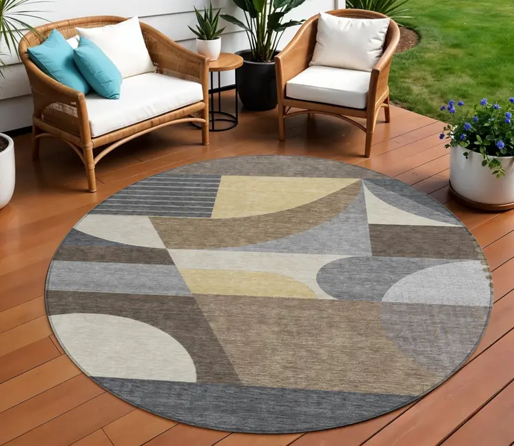 8' Brown Taupe And Wheat Round Geometric Washable Indoor Outdoor Area Rug