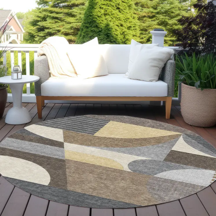 8' Brown Taupe And Wheat Round Geometric Washable Indoor Outdoor Area Rug