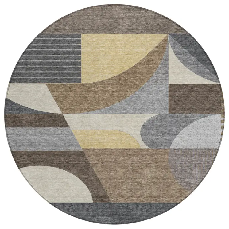 8' Brown Taupe And Wheat Round Geometric Washable Indoor Outdoor Area Rug