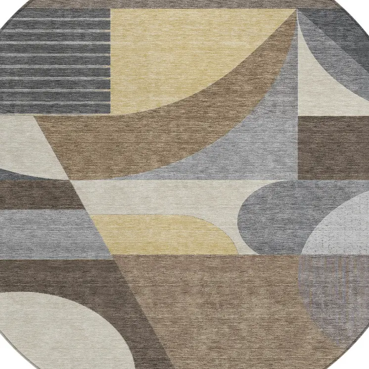 8' Brown Taupe And Wheat Round Geometric Washable Indoor Outdoor Area Rug