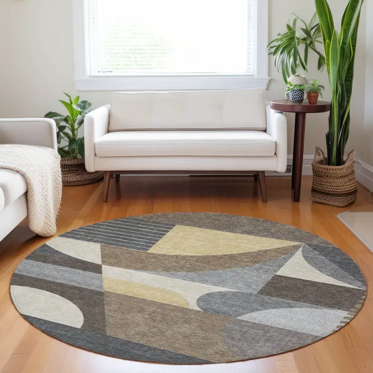 8' Brown Taupe And Wheat Round Geometric Washable Indoor Outdoor Area Rug