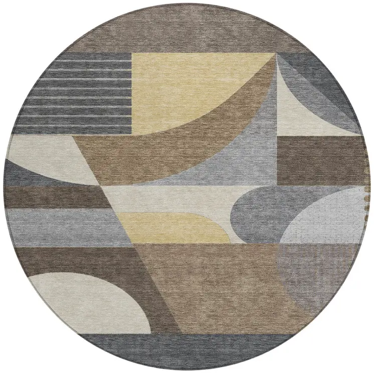 8' Brown Taupe And Wheat Round Geometric Washable Indoor Outdoor Area Rug