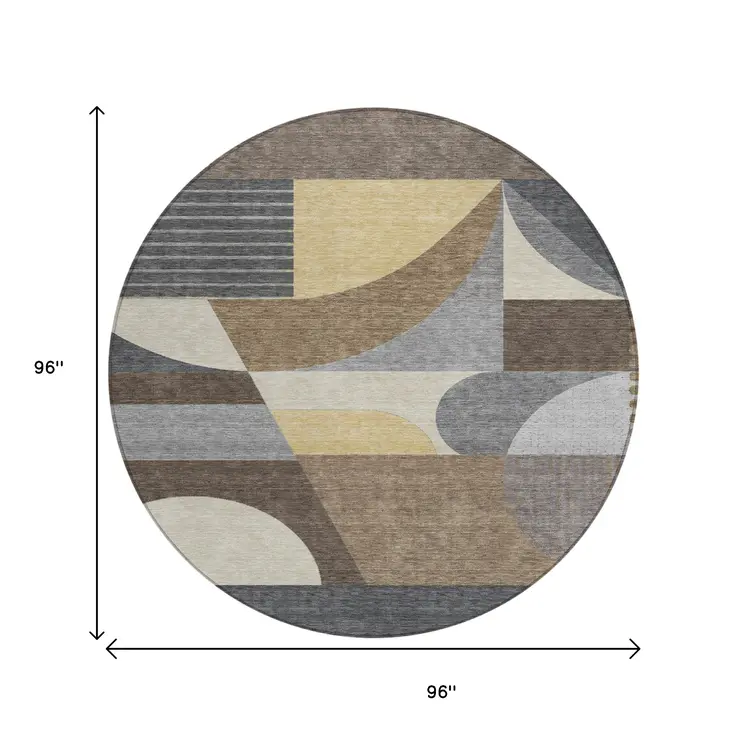 8' Brown Taupe And Wheat Round Geometric Washable Indoor Outdoor Area Rug