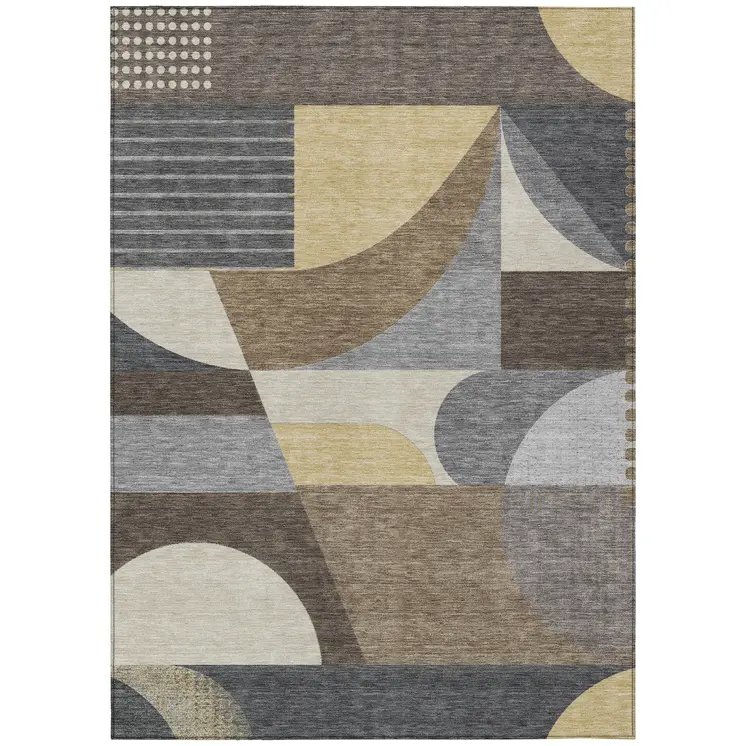 9' X 12' Brown Taupe And Wheat Geometric Washable Indoor Outdoor Area Rug