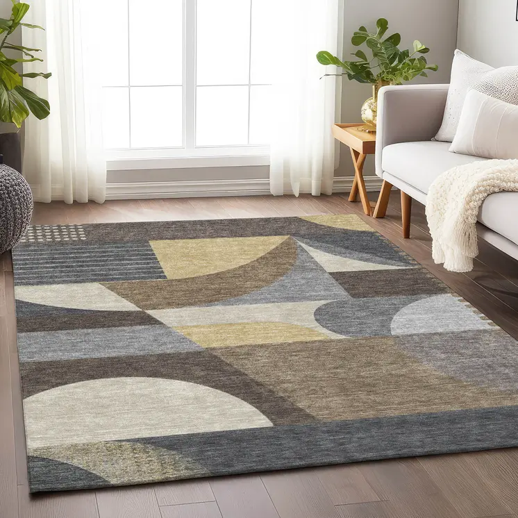 9' X 12' Brown Taupe And Wheat Geometric Washable Indoor Outdoor Area Rug