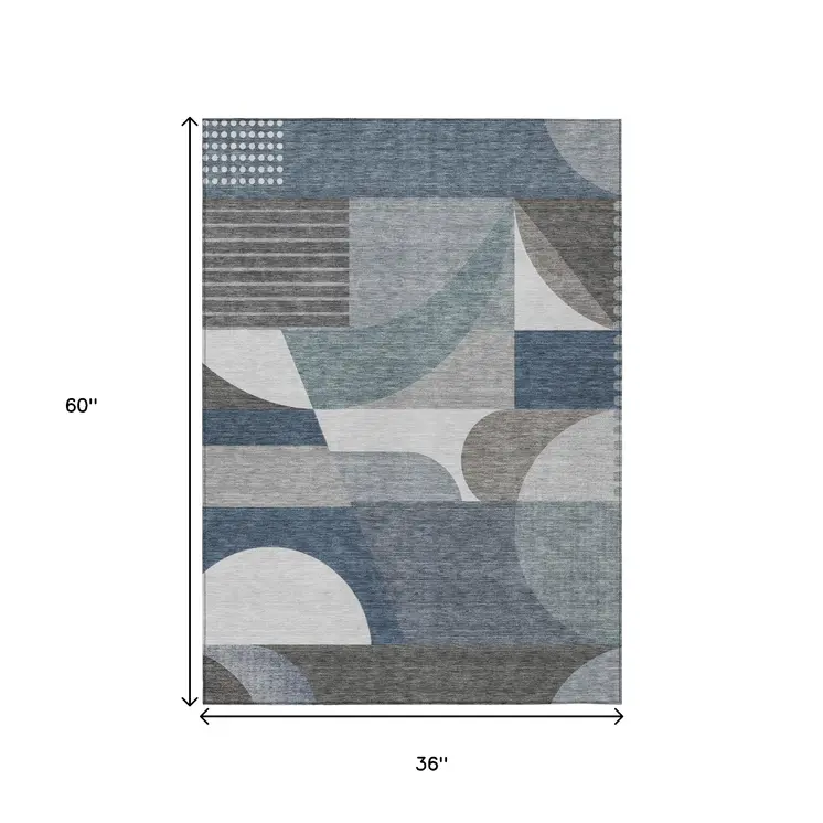 3' X 5' Gray Blue And Ivory Geometric Washable Indoor Outdoor Area Rug