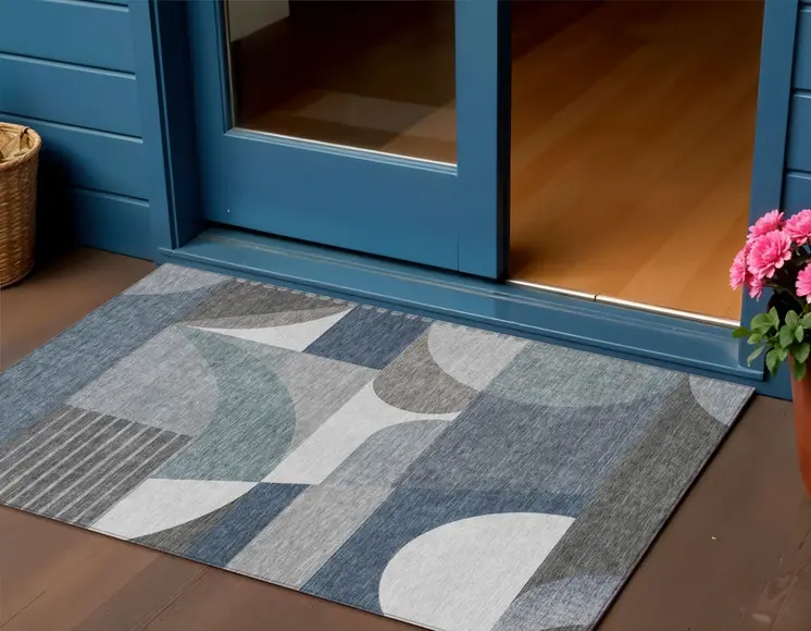3' X 5' Gray Blue And Ivory Geometric Washable Indoor Outdoor Area Rug