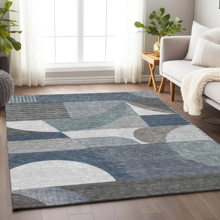 3' X 5' Gray Blue And Ivory Geometric Washable Indoor Outdoor Area Rug