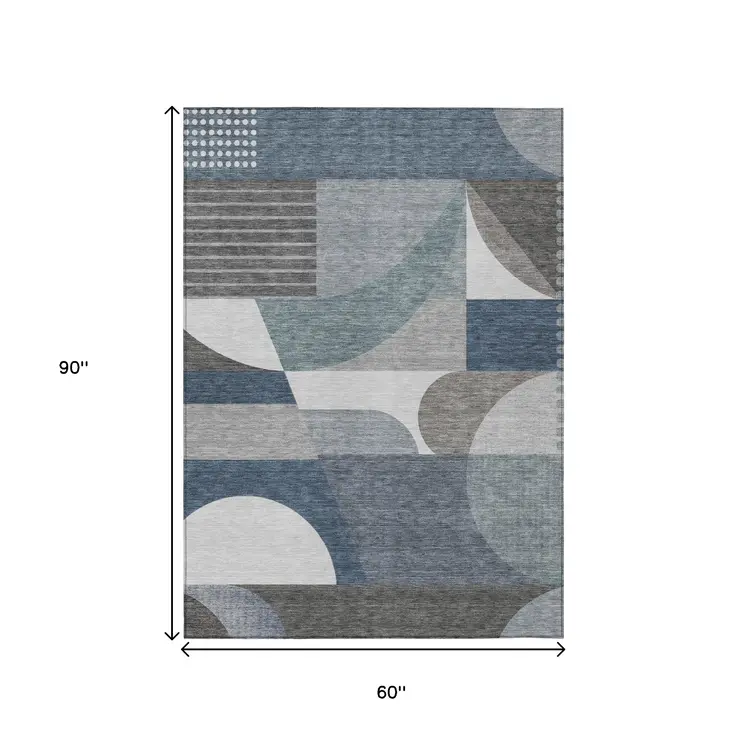 5' X 8' Gray Blue And Ivory Geometric Washable Indoor Outdoor Area Rug